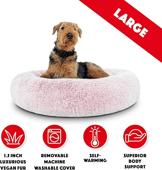 The Dog’s Bed Sound Sleep Original Calming Dog & Cat Bed, Anti-Anxiety Large Rose Pink Fur Donut Nest Snuggler, with Removable Cover, Veterinary Approved