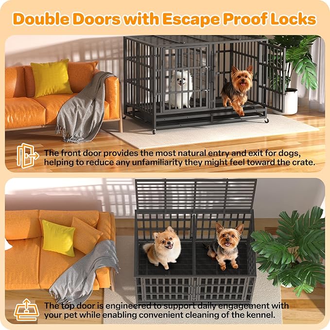 Heavy Duty Dog Crate 48 Inch, Indestructible Dog Crate with Removable Tray, Escape Proof & High Anxiety Dog Kennel Indoor, Metal Dog Cage with Wheels for Large Dogs, XL XXL XXXL