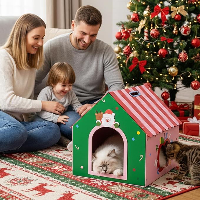 WUGO Christmas Cat Scratcher House - Cardboard Cat House with 2pcs Scratching Pad 16.5"x16"x17" Christmas Decorations Scratcher for Kitty Play House for Indoor Cats’ Birthday Cats Xmas Red