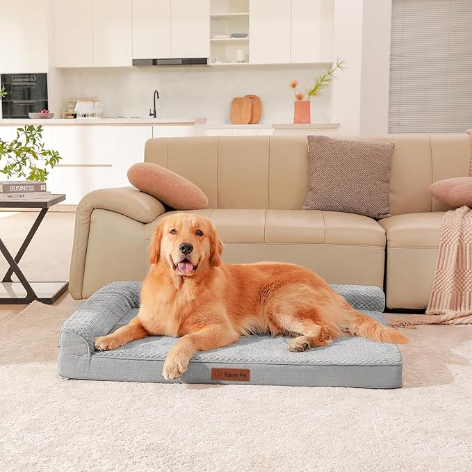 Orthopedic Dog Beds for Large Dogs, Memory Foam Dog Beds Large Sized Dogs, Washable Removable Cover, Nonskid Bottom, Waterproof, for Indoor, Outdoor, Crate ＆ Car Use, 44x32x6 Inches, Light Grey