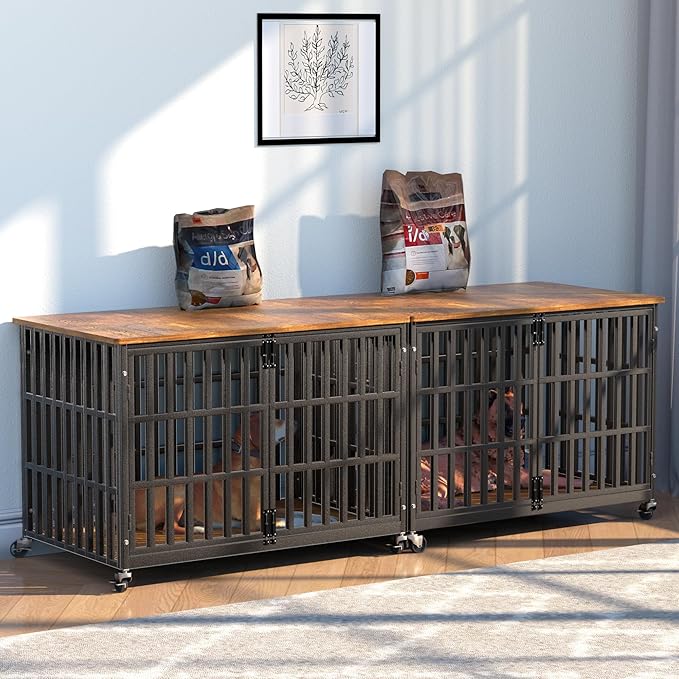 48 Inch Dog Crate Furniture, Heavy Duty Wooden Dog Kennel for Large Dogs, Chew Proof & Escape-Proof Indoor Dog Cage with TV Stand, for Anxious Dogs, Black Brown Cabinet