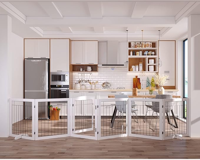 Vantas Folding Pet Gate 144" Wide, 30" Tall No-Assembly Wooden Dog Gate with Door Walk Through, Freestanding Wire Pet Gate, Pet Puppy Safety Fence, with 2PCS Support - White