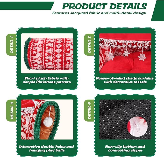 Christmas Cat Tunnel Bed, 2-in-1 Cat Tunnel for Indoor Cats, Soft Washable Covered Pet Cave Bed, Play Tube Pet Toys for Cats, Rabbits, and Small Animals