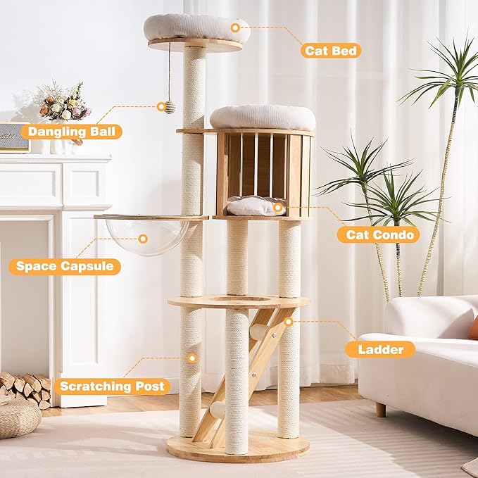 Cat Tree Modern Cat Tower for Large Cat with Scratching Post for Indoor, Solid Wood Multifunctional Cat Tower with Condo, Bed, Ladder, Space Capsule, Dangling Ball