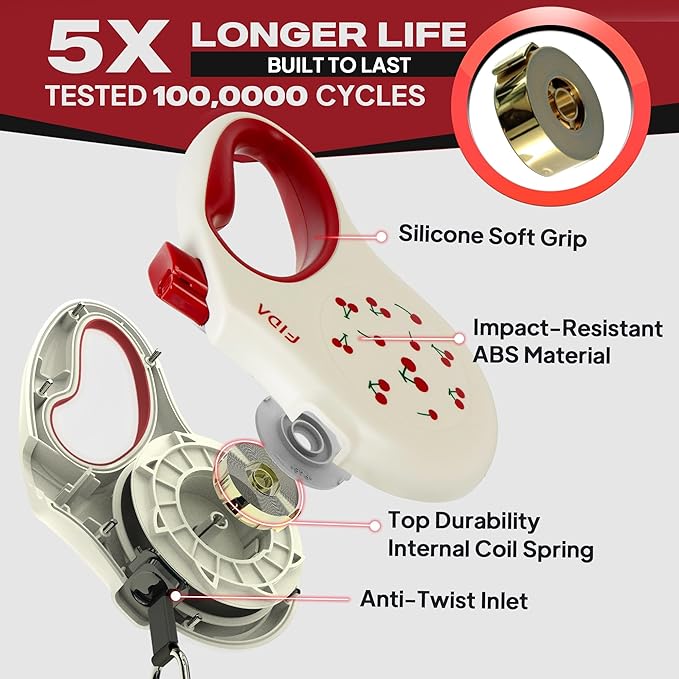 Fida Retractable Dog Leash with Dispenser and Poop Bags, 16 ft Pet Walking Leash for Small Dog or Cat up to 26 lbs, Anti-Slip Soft Handle, Tangle Free, Reflective Nylon Tape (S, Cherry)