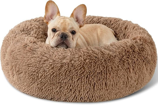 Dog Calming Beds for Small Medium Large Dogs - Round Donut Washable Dog Bed, Anti-Slip Faux Fur Fluffy Donut Cuddler Anxiety Cat Bed(24" Khaki