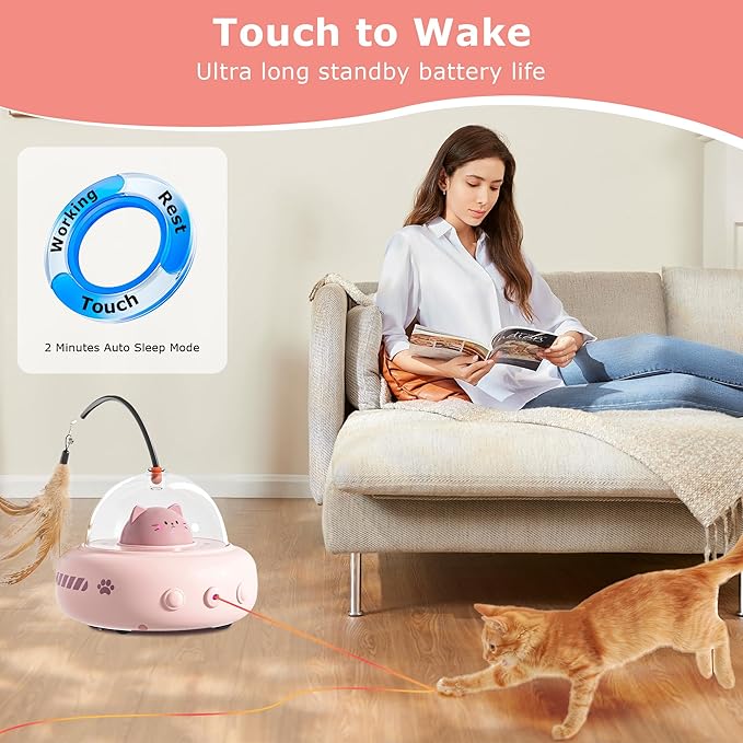 hooroor 2-in-1 UFO Laser Cat Toy with Feather, Automatic Motion Smart Sensor Interactive Toy for Indoor Cats & Small Dogs, Rechargeable 360° Obstacle-Avoidance Exercise Toy, Fun Self-Play Pet Gift