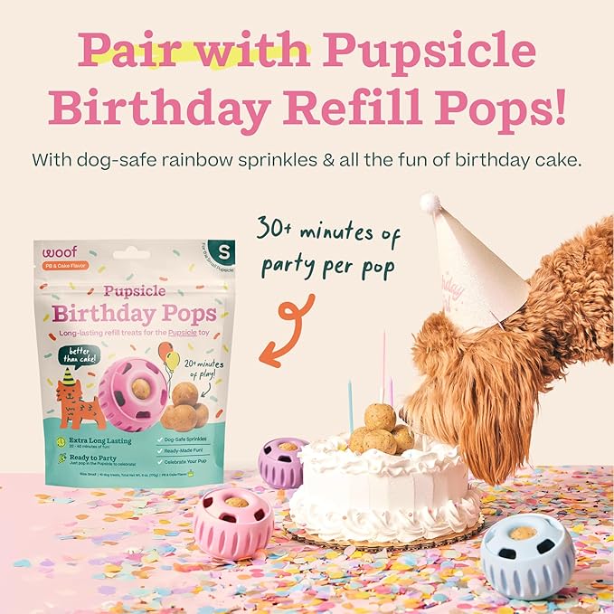 WOOF Party Pupsicle - Long-Lasting Interactive Dog Toys for Boredom - Low-Mess Design - Birthday Gifts for Dogs - Small Dog Toys - Buddy Blue