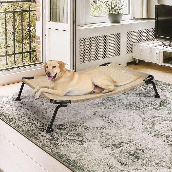 Veehoo Outdoor Elevated Dog Bed, Cooling Raised Dog Cots Beds for Large Dogs, Portable Waterproof Curved Dogs Hammock Bed for Outside, up to 120lbs, Black Legs, Beige 42"