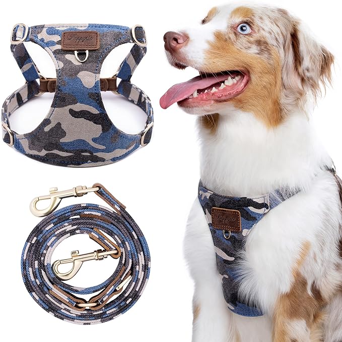 Dog Harness, No Pull Dogs Harness and Multi-Function Leash Set for Medium Dogs Easy Walk Everyday Adjustable Soft Dog Vest Harness Fashionable Dog Accessories Camouflage Blue-Relaxed Medium