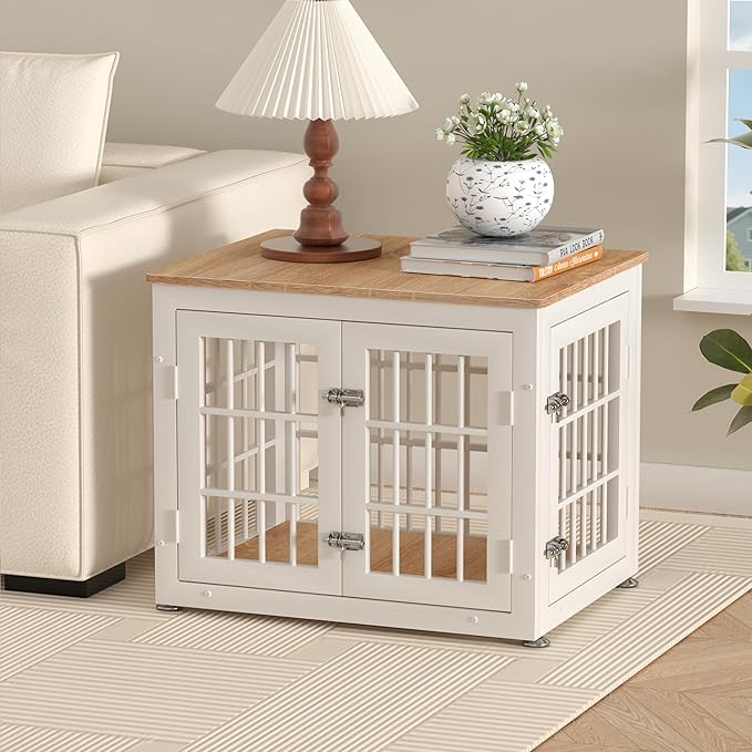 26 Inch Heavy Duty Dog Crate Furniture for Small Dogs, Decorative Pet House End Table, Wooden Cage Kennel Furniture Indoor, White and Natural