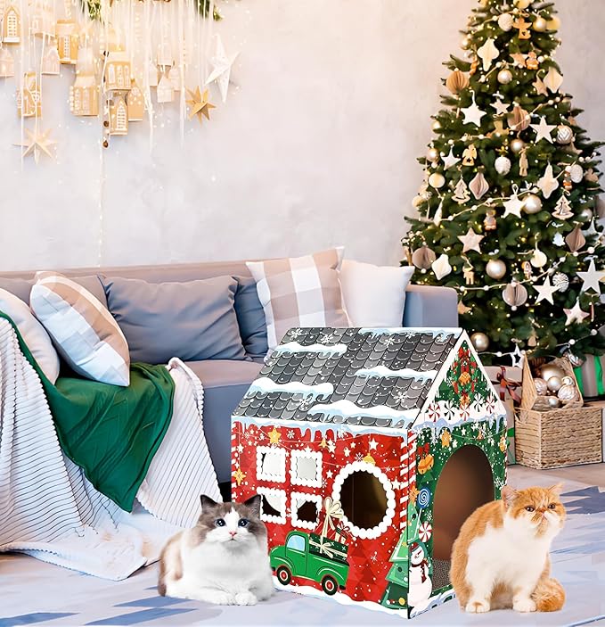 Christmas Cardboard Cat House with Scratcher 16.5"x 13"x19" Christmas Cat Scratcher House for Indoor Cats’ Birthday Large Cat Scratcher Box