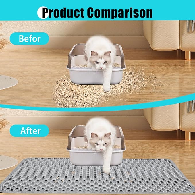 Cat Litter Mat, Kitty Litter Collector, Double Layered Honeycomb Design Waterproof, Anti Urine, Anti Slip, Easy to Clean, Limit Garbage (23"x14.5", Grey)
