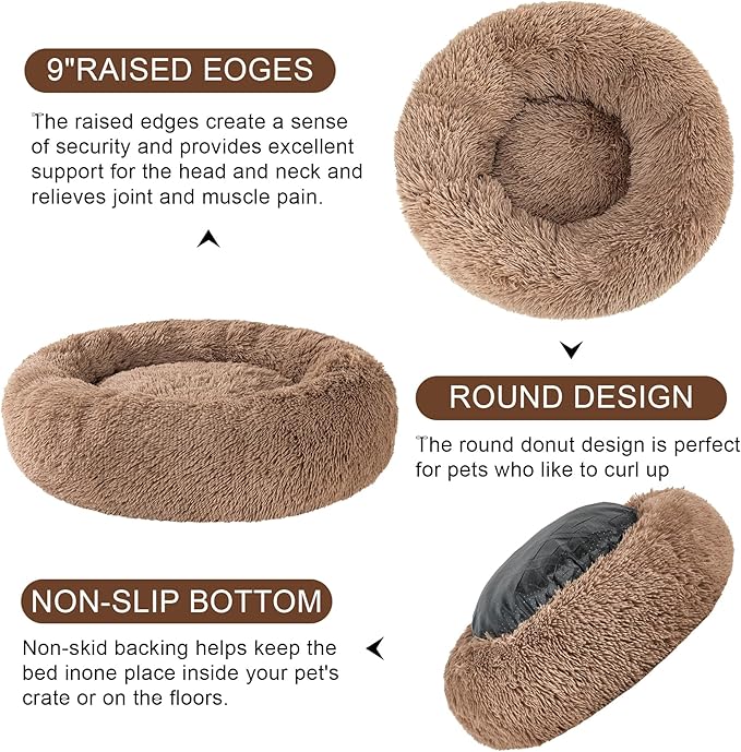 Dog Calming Beds for Small Medium Large Dogs - Round Donut Washable Dog Bed, Anti-Slip Faux Fur Fluffy Donut Cuddler Anxiety Cat Bed(28" Khaki