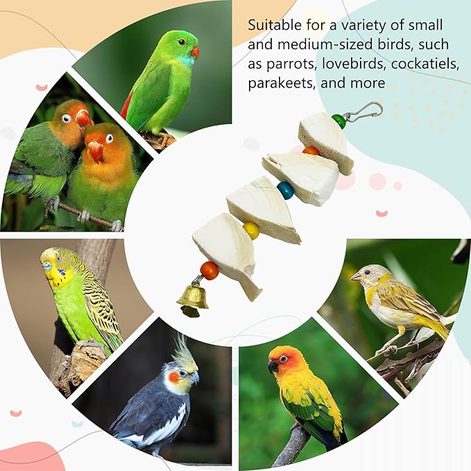 3 Pack Bird Chewing Toy Cuttlebone Parrot Toy with Bell Hanging Bird Beak Grinding Stone Parakeet Cage Accessories for Small Budgies Lovebirds Cockatiels (Block, 4 Per Skewer)