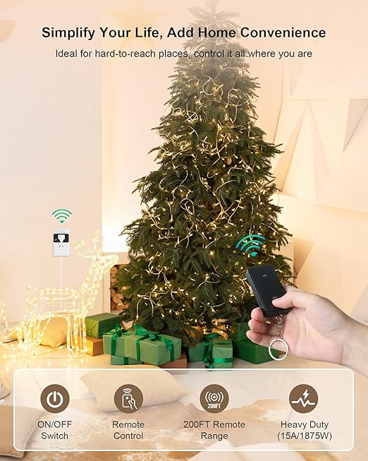 Remote Control Outlet Plug, 200FT Long Range Wireless Light Switch, Compact Design, 15A/1875W High-Power for Lamps, Lights, Household Appliances, FCC & ETL Listed