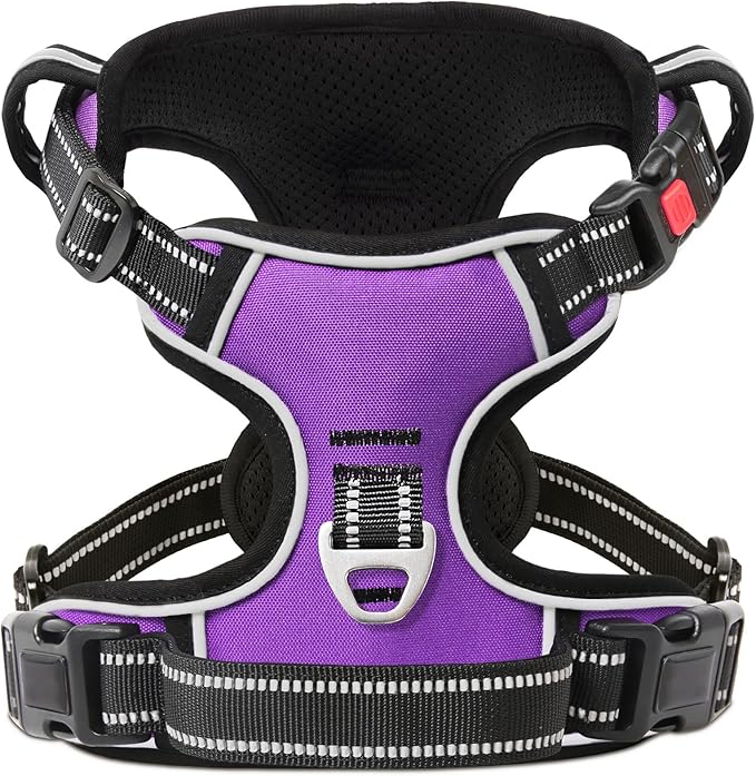 Timos Dog Harness Medium Sized, No Pull with Neck Lockable Snap,No Choke Front Clip Dog Reflective Harness,Adjustable Metal Rings 3 Buckles,Easy Control Handle for Medium Dogs Purple M