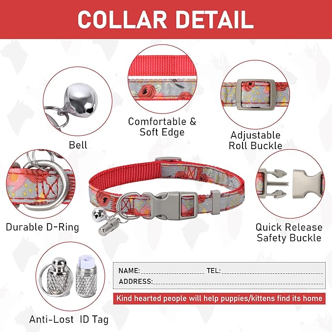 GAMUDA Small Dog Harness Collar and Leash Set, Step in No Chock No Pull Soft Mesh Adjustable Dog Vest Harnesses Plaid Reflective for Dogs Puppy Cats Kitten Rabbit (Red Flower, S)