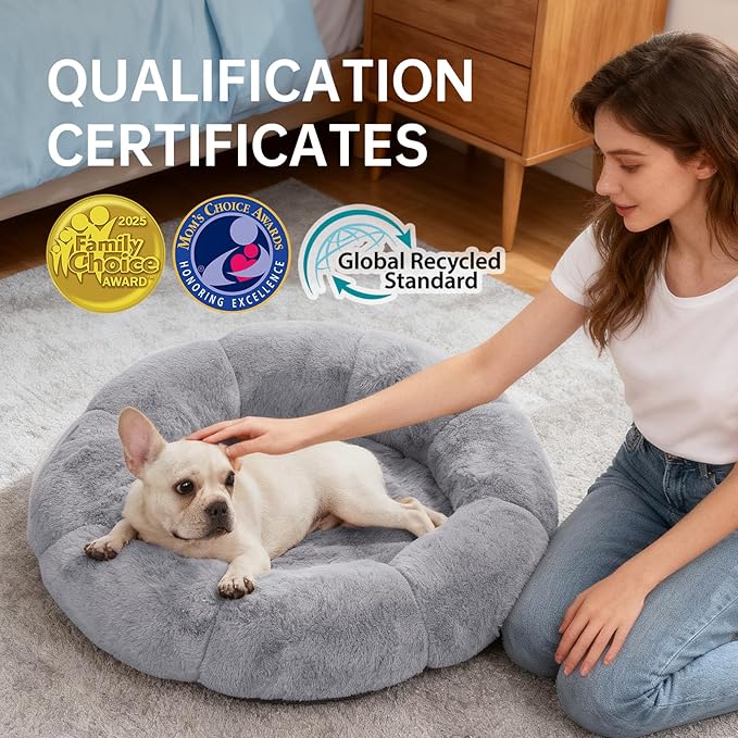 OhGeni 31 inches Calming Donut Orthopedic Dog & Cat Bed for Medium Pets, Warming Comfort Fluffy Short Pile Fur, Durable Waterproof Machine Washable Removable Cover, Round Bed for Puppy, Light Gray