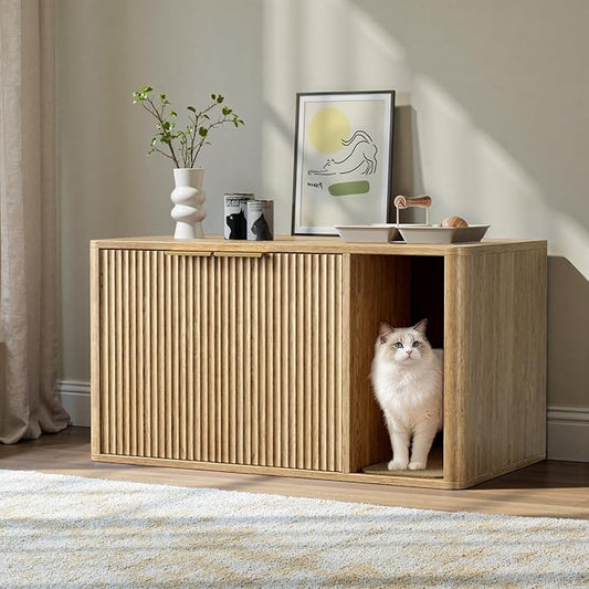 Evermagin 35.4" Oak Cat Litter Box Enclosure Furniture with Cat Scratch Pad, Large Hidden Litter Box Cabinet, Front Entry Can Install Left/Right, Mid Century Modern Kitty End Table, Kitty Bench