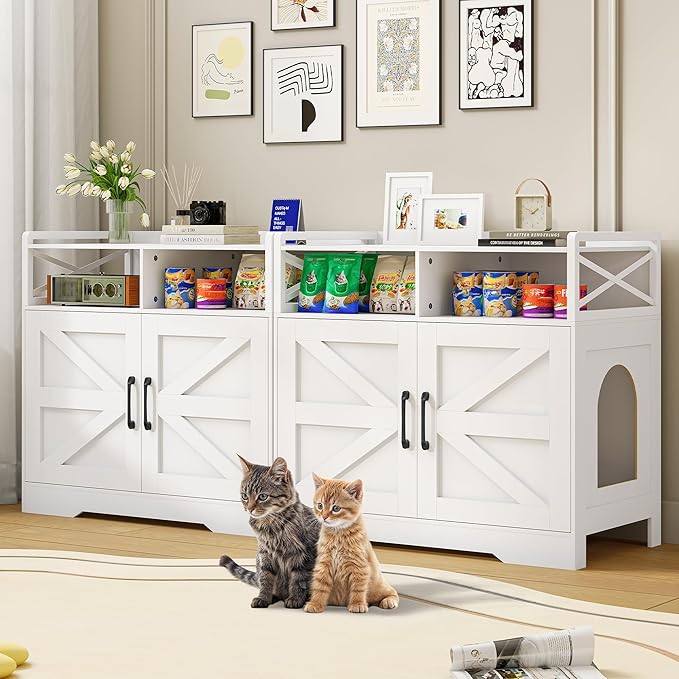 35" Ultra-Large Cat Litter Box Enclosure, Hidden Litter Box Cabinet with Anti-Tipping Fence and 2 Open Drawers, Enclosed Litter Box Furniture End Table, White