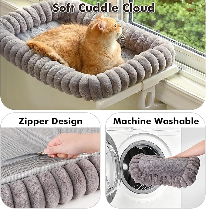 Cloud-Cuddle Cat Window Perch with 4-Sided Bolster, Zipper Design Cushion Window Seat for Window Sill, Sturdy Metal Frame & Easy Assembly Pet Hammock Bed for Indoor Cats (Gray, Large)