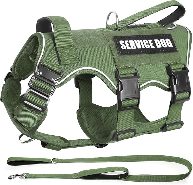 Tactical Service Dog Vest Harness and Leash Set,Heavy Duty Dog Harness with Metal Buckles for Large Dogs,Adjustable No Pull Pet Vest with 10 Patches,for Training Working,Green L