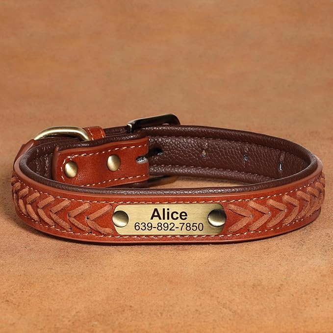 Personalized Dog Collars Custom Premium PU Leather Dog Collar with Name and Phone Number Engraved Name Plate for Large Dogs Customized Customizable Adjustable Dog Collar, Brown,L(14-18")