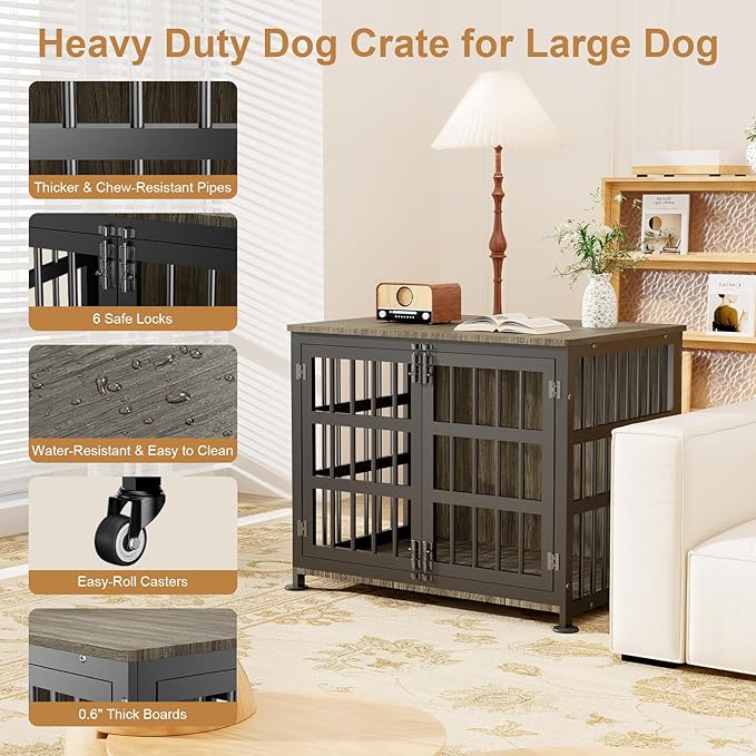 33" Dog Crate Furniture for Medium & Small Dogs with Wheels, Heavy Duty Dog Cage, Indoor Puppy Crate, Wooden Dog Kennel Table, 32.6" L x 22.8" W x 25.8" H, Decorate House as End Table — Grey