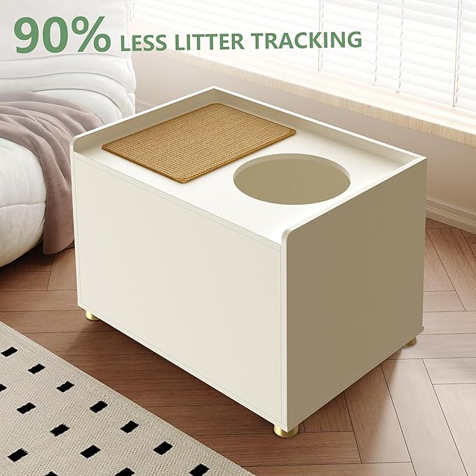 Top Entry Litter Box Enclosure, Modern Flip Top Litter Box Furniture with Cat Scratch Mat, Side Table (White)
