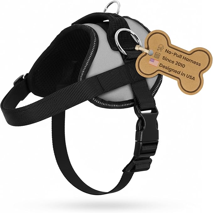 Bark Appeal Gray No-Pull Dog Harness for Extra Small Sized Pets – Adjustable, Reflective Vest with 3 Leash Clips for Added Control, Easy Walks & Training – XS