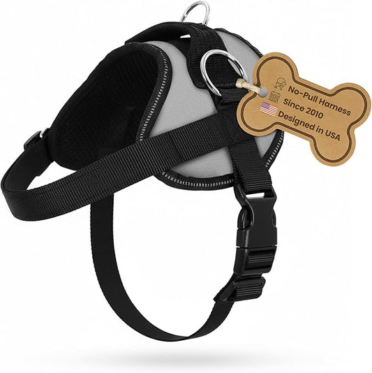 Bark Appeal Gray No-Pull Dog Harness for XS to Small Sized Pets – Adjustable, Reflective Vest with 3 Leash Clips for Added Control, Easy Walks & Training – S