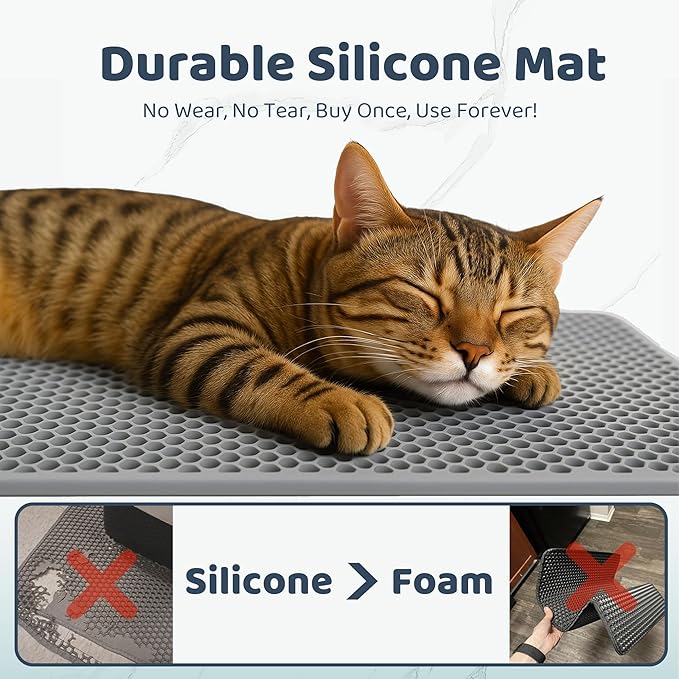 Silicone Cat Litter Mat 24"x15" (Keep Floor Clean)(Easy Clean)(Anti-Crease)(Built to Last)(Non-Slip)(Double Layer Detachable)(Soft on Paws)(Claw-Proof)