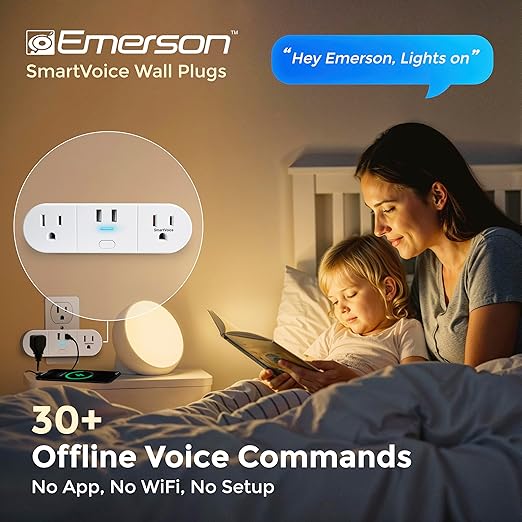 Emerson SmartVoice 4-in-1 Wall Plug, Offline 30+ Voice Control Commands, No APP, No WiFi, No Setup, Smart Outlet w/ 2 AC Outlets, 2 USB-A Ports, Sleep & Wake Timer, ETL Listed