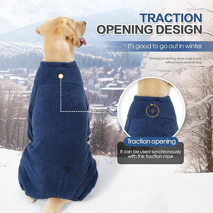 Dog Winter Coat, Warm Fleece Dog Jacket, Windproof Pullover Jumpsuit, Full Body Pajamas Onesie, Cold Weather Clothes for Medium Large Dog(2XL,NavyBlue)
