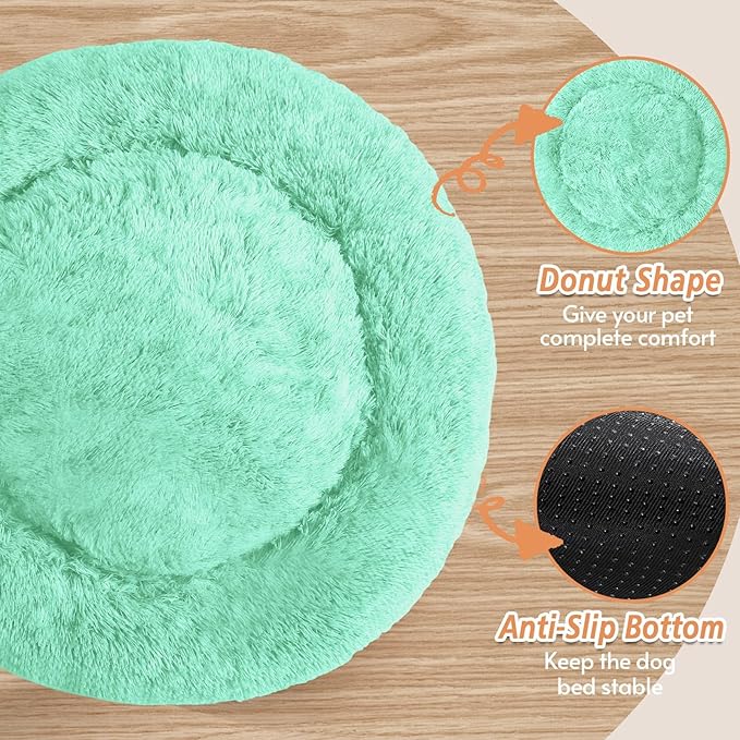 JOLLYVOGUE Calming Small Dog & Cat Bed for Indoor Cats - 20 inches Washable Donut Bed for Kittens & Puppies, Anti-Anxiety Round Fluffy Plush Pet Beds (Fits up to 15 lbs, Mint Green)