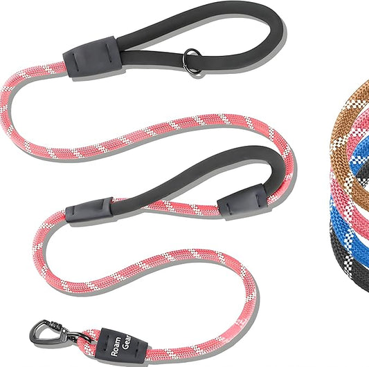 6 Foot Dog Leash, Two Extra Padded Handles, Locking Carabiner Clip, Reflective for Night Visibility, Weatherproof, Heavy Duty Rope Leash, Roam Gear (Pink)