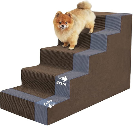 Niubya Dog Stairs for Small Dog and Cats,23”H Non-Slip Bottom Pet Steps for High Beds and Couch,High-Density Foam Pet Stairs Brown,5 Steps