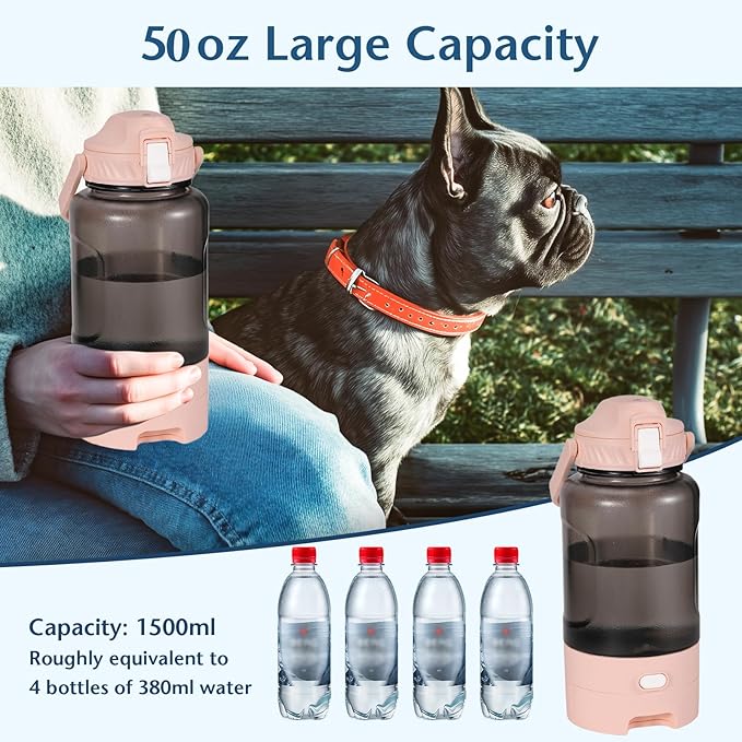 50oz Dog Water Bottle with Handle - Portable Pet & Human Water Dispenser for Hiking, Camping, Travel - Leakproof, BPA-Free, Outdoor Puppy Essential for Walking, Park, Beach (Pink)