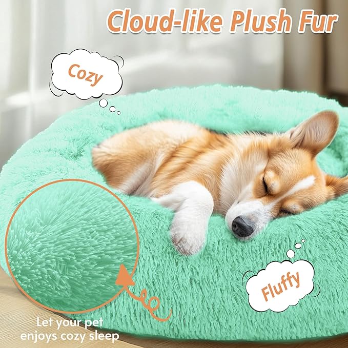 JOLLYVOGUE Calming Small Dog & Cat Bed for Indoor Cats - 20 inches Washable Donut Bed for Kittens & Puppies, Anti-Anxiety Round Fluffy Plush Pet Beds (Fits up to 15 lbs, Mint Green)