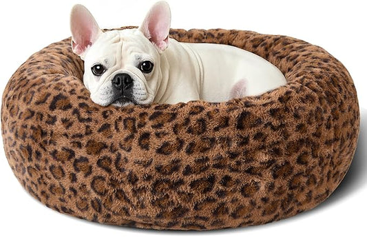 Dog Calming Beds for Small Medium Large Dogs - Round Donut Washable Puppy Dog Bed, Anti-Slip Faux Fur Fluffy Donut Cuddle Anxiety Cat Pet Bed (28" Leopard Print)