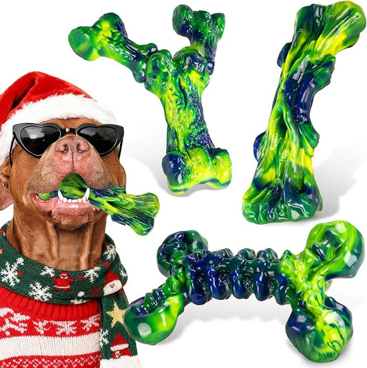 Indestructible Dog Chew Toys for Aggressive Chewers: 3-Pack Peanut Butter Nylon Chew Bones for Medium & Large Dogs 25–80 lbs, Tough Chewable Shapes, Long-Lasting Holiday Dog Gift (Green)