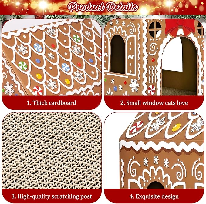 Cinrobiye Christmas Cardboard Cat House with Scratcher Pet Gingerbread Board Bed Cave Playhouse Hideaway Hideout Condo Decor Small Animals Scratch Box for Indoor Cats Kittens Rabbits Bunny (Brown, 1)