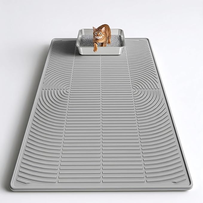 Cat Litter Mat, 40" x 28" Extra Large Silicone Litter Box Mat for Floor, Pet Trapping Litter Rug Pad, Soft Cat Paws, Easy to Clean, Waterproof/Urine-Proof, Garbage Recyclable (Gray)