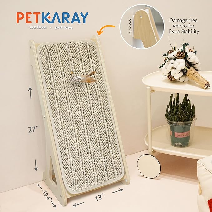 PETKARAY Cat Scratcher, Sisal Scratching Ramp, L Shape Scratch Pad for Indoor Cats, 27" Wall Furniture Protector with Mouse Toy