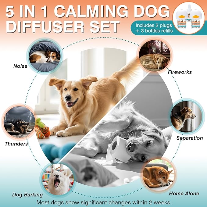 Dog Calming Pheromones Diffuser to Calm Pet 5 In 1 Advanced Kit Appeasing Pheromone Diffuser for Anxiety Relief (2 Plug in+3 Pack 48ml Refill) Reduce Aggression Fighting Barking Stress (Tasteless)