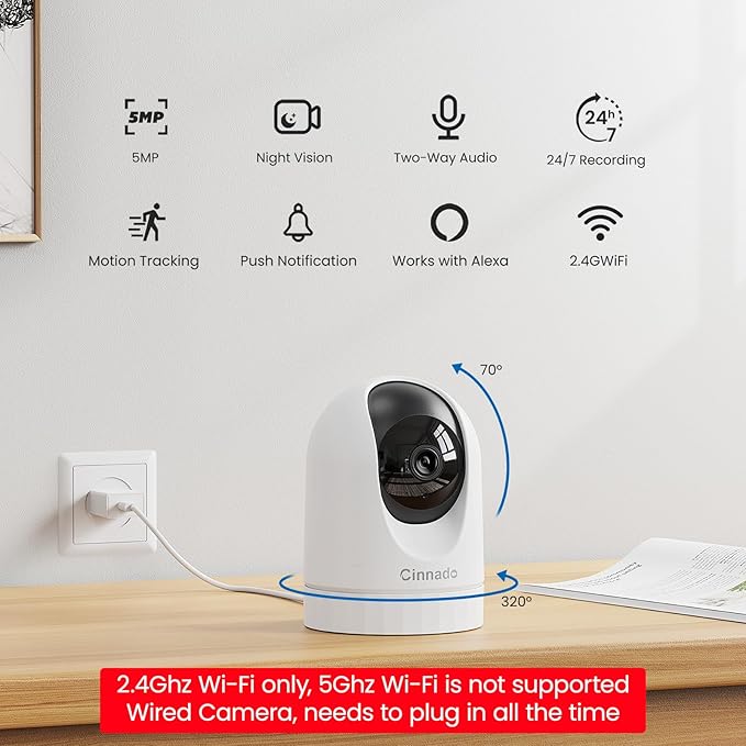 2K Indoor Security Camera-Baby Monitor with 2.4G WiFi Camera and Audio, Siren/Night Vision for Home/Pet/Nanny/Cat, 24/7 SD Card Storage, Cloud (Optional), Compatible with Alexa & Google Home, D1 2P
