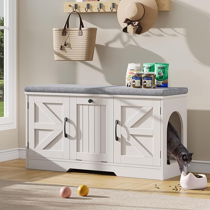 Vabches Flip Top Cat Litter Box Furniture with Storage, Cat Box Litter Enclosure with Cushion, Farmhouse Indoor Cat House with 3 Doors, Pet Washroom Hidden Litter Box, White