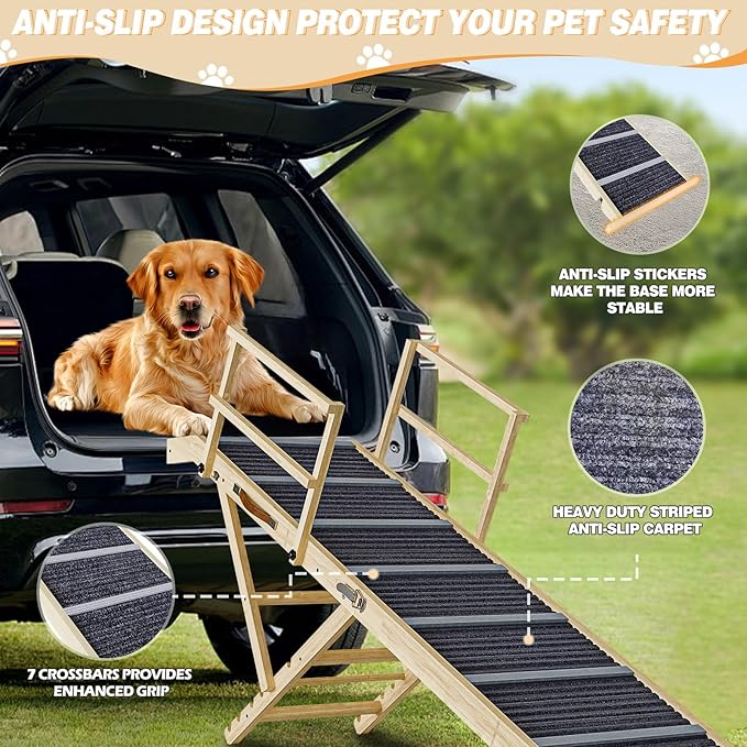 Dog Ramp for Bed, 64" Foldable for Large Small Dogs, Extra Width 18" for Dogs to Get on Bed Car, Portable Pet with Two Safety Side Rails and 6 Adjustable Heights from 24.6" to 30"