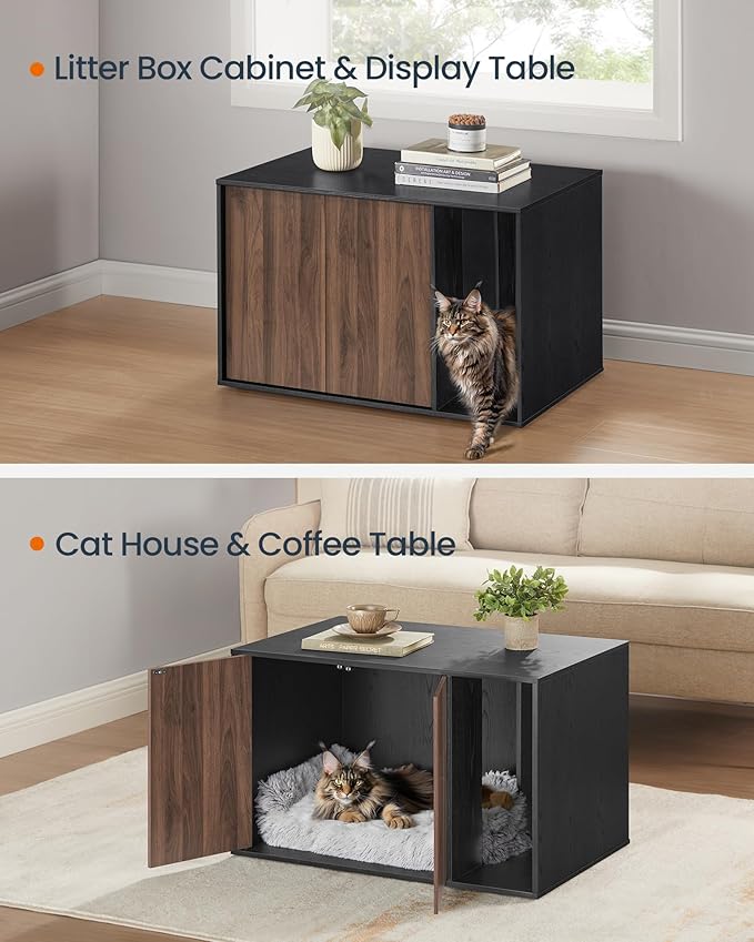 SONGMICS HOME Cat Litter Box Enclosure, Superfast Toolless Assembly, Litter Box Furniture for Large Cats, Display Side Table, Push-to-Open Doors, Ebony Black and Somber Walnut UPCL013BE01S